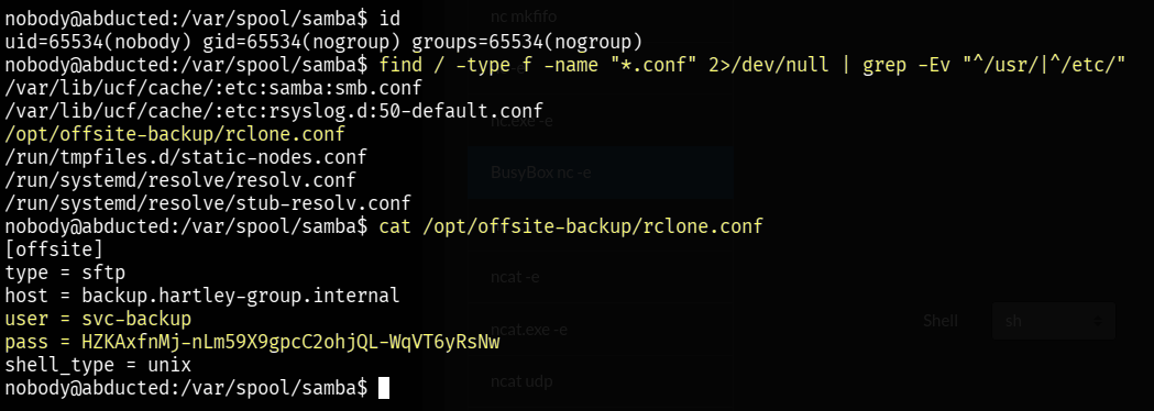 Credentials in rclone.conf file of svc-backup user