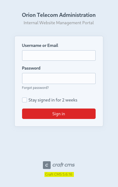 Orion administration login portal running craft cms 5.6.16
