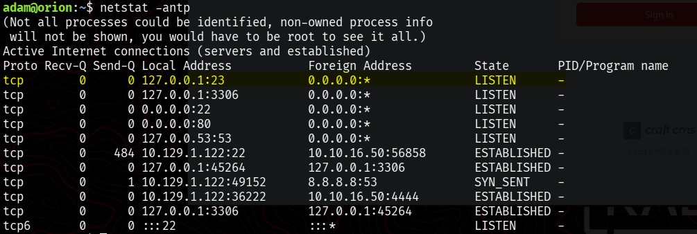 local telnet port 23 revealed in enumeration