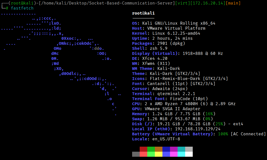 Kali Linux terminal with a custom Zsh prompt
